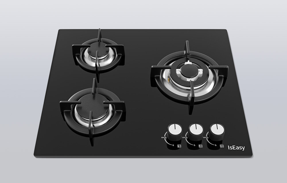 Płyta gazowa ISEASY MGBG-603 Płyta gazowa z trzema palnikami prezentuje symetryczny układ rusztów i metalowych elementów. Pokrętła umieszczone z prawej strony pozwalają na wygodną regulację mocy szkło hartowane łatwe czyszczenie gładka powierzchnia elegancki wygląd nowoczesna kuchnia