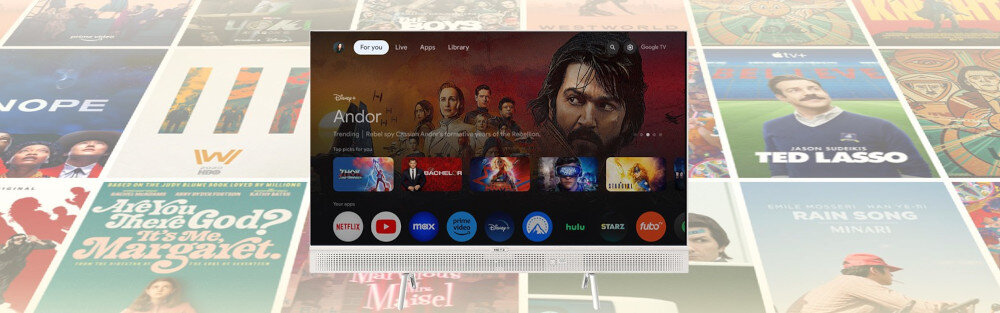 Telewizor METZ 32MTE7000Z Google TV aplikacje, telewizor od frontu, kafelki róznych programów i filmów
