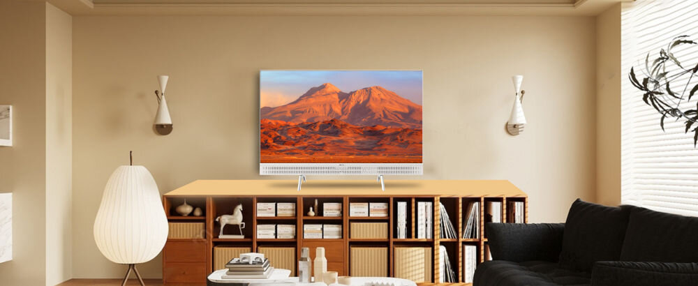 Telewizor METZ 32MTE7000Z 32 cale HD Ready LED, telewizor stojący na komodzie w pomieszczeniu