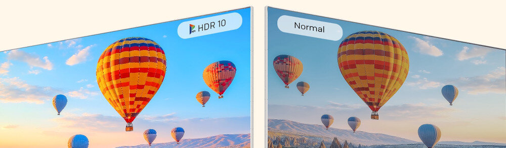 Telewizor METZ 32MTE7000Z HDR10 HLG, dwa telewizory po skosie z włączonymi funkcjami HDR10 oraz bez HDR10