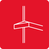 Czerwony kwadrat z białym, geometrycznym symbolem przypominającym stylizowany wiatrak.