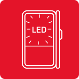 Ikona przedstawia otwartą lodówkę z napisem \'LED\' na drzwiach, na czerwonym tle.