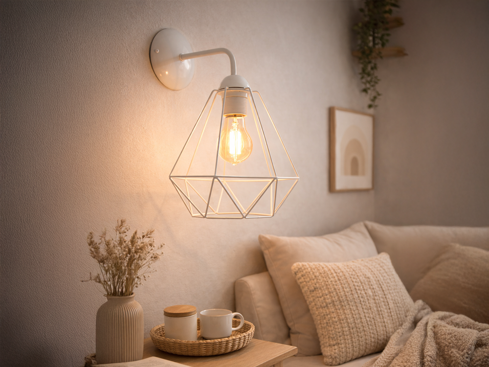 Kinkiet MILAGRO MLP7211 Basket White, kinkiet, biały, druciany, dekoracja, kinkiet zamontowany na ścianie w pokoju gościnnym nad komodą