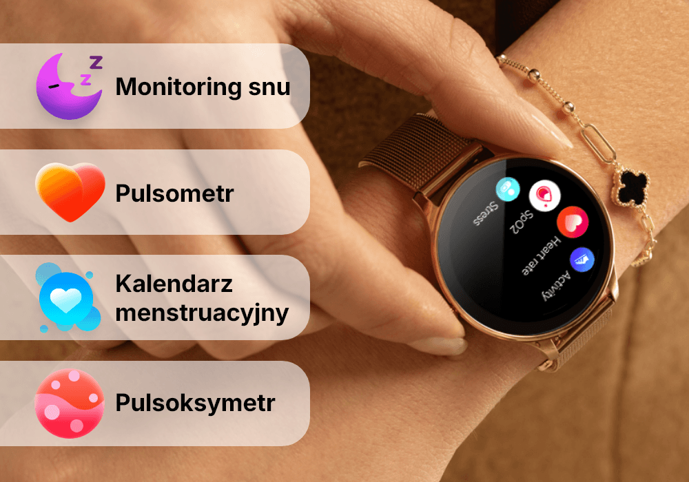 Smartwatch FOREVER Velora SB-306 na ręku modelki i funkcje zdrowotne