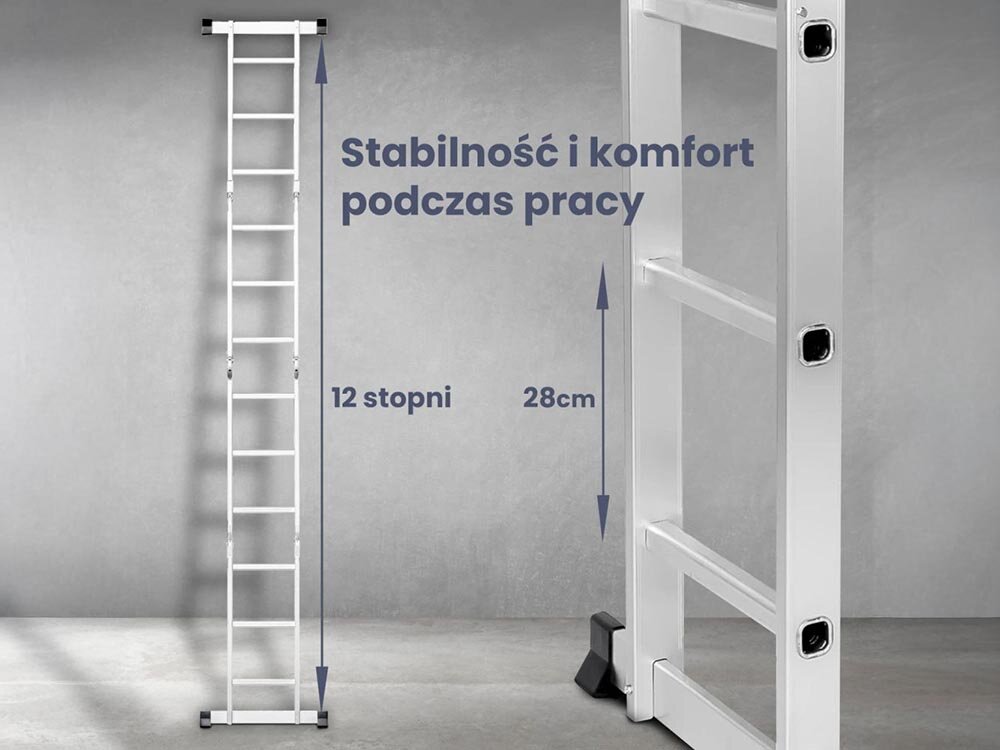 Drabina EXTRALINK Lad3x4M (3.55 m), 3.55m, A-frame, przystawna, 150kg, Drabina 12-stopniowa, stabilność i komfort pracy.