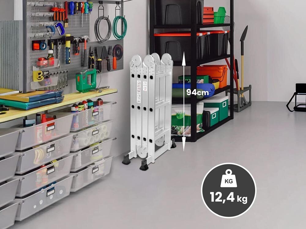 Drabina EXTRALINK Lad3x4M (3.55 m), 12.4kg, złożona, transport, aluminium, Drabina złożona 94cm, 12.4kg w garażu.