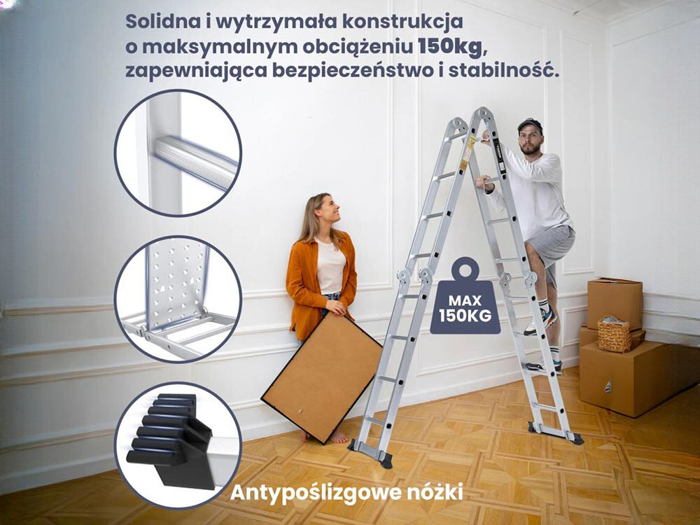 Drabina EXTRALINK Lad3x4M (3.55 m), EN131, antypoślizg, blokady, stabilna, Drabina max 150kg, antypoślizgowe nóżki i stabilność.