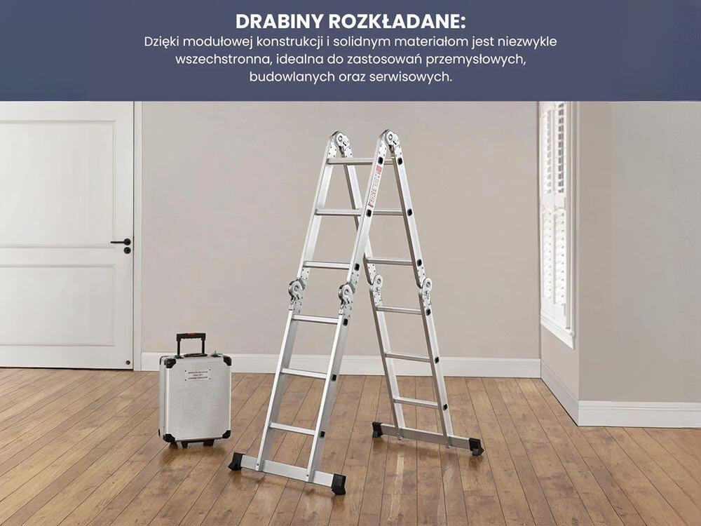 Drabina EXTRALINK Lad3x4M (3.55 m), malowanie, dach, dekoracje, schody, Drabina rozłożona w kształcie A, solidna konstrukcja.
