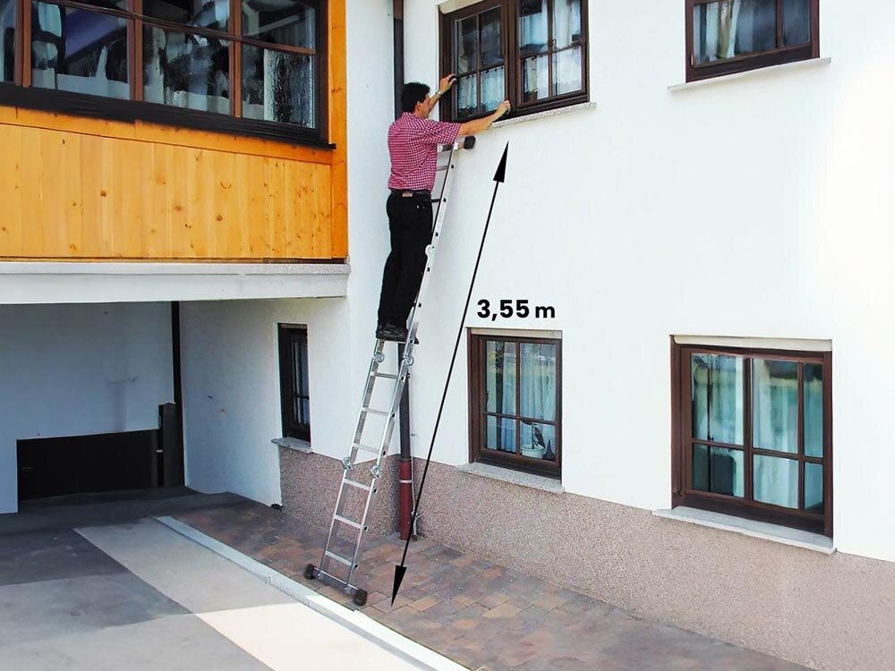 Drabina EXTRALINK Lad3x4M (3.55 m) + Platforma, drabina, platforma, modułowa, stabilna, Drabina 3.55m przy budynku, czyszczenie okien. 