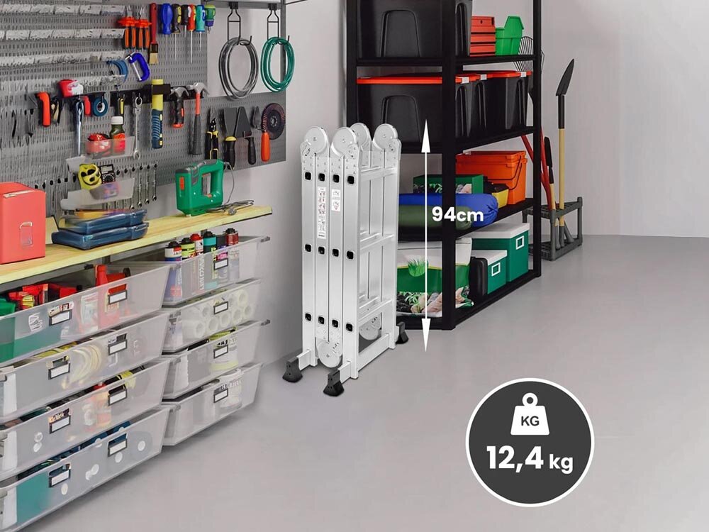 Drabina EXTRALINK Lad3x4M (3.55 m) + Platforma, 12.4kg, złożona, przenoszenie, aluminium, Drabina złożona 94cm, waga 12.4kg garaż.