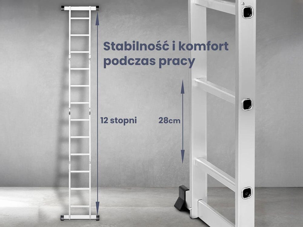 Drabina EXTRALINK Lad3x4M (3.55 m) + Platforma, EN131, antypoślizg, blokady, stopki, Drabina 12 stopni, 28cm szerokości, stabilna.