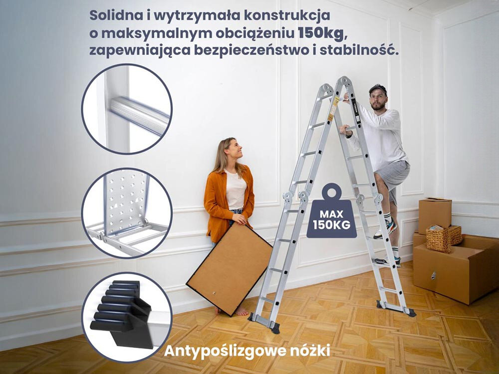 Drabina EXTRALINK Lad3x4M (3.55 m) + Platforma, 12 stopni, 28cm, wygodne, obciążenie, Drabina max 150kg, antypoślizgowe nóżki.