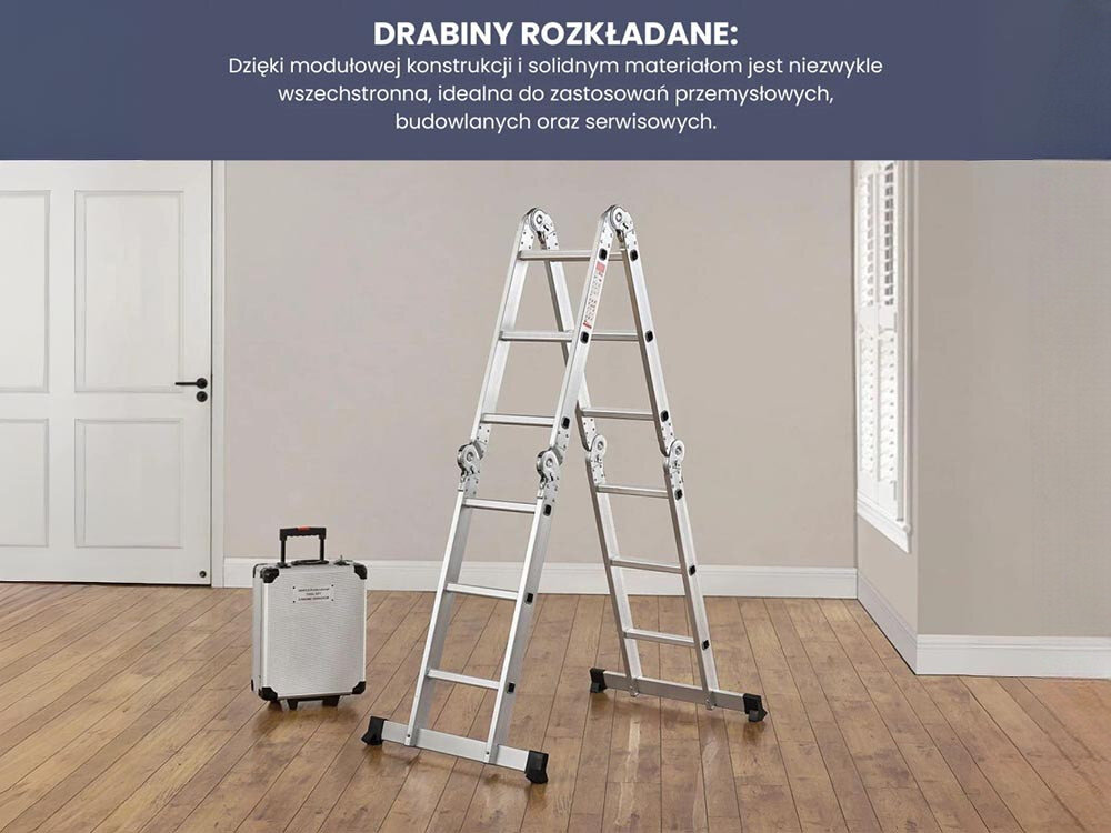 Drabina EXTRALINK Lad3x4M (3.55 m) + Platforma, malowanie, montaż, czyszczenie, dekoracje, Drabina rozkładana w kształcie A z walizką.