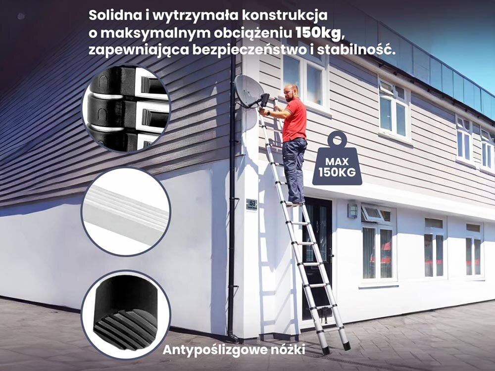 Drabina EXTRALINK LAD41ST (4.1 m), 2.6m, 9 szczebli, 150kg, wysokość, Drabina 9 stopni z szerokimi stopniami 30cm.