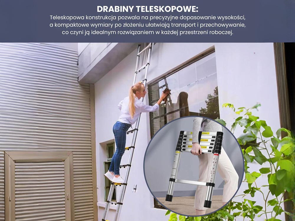 Drabina EXTRALINK LAD41ST (4.1 m), teleskop, blokady, złożona, lekka, Wszechstronne użycie drabiny: dach, auto, okno.