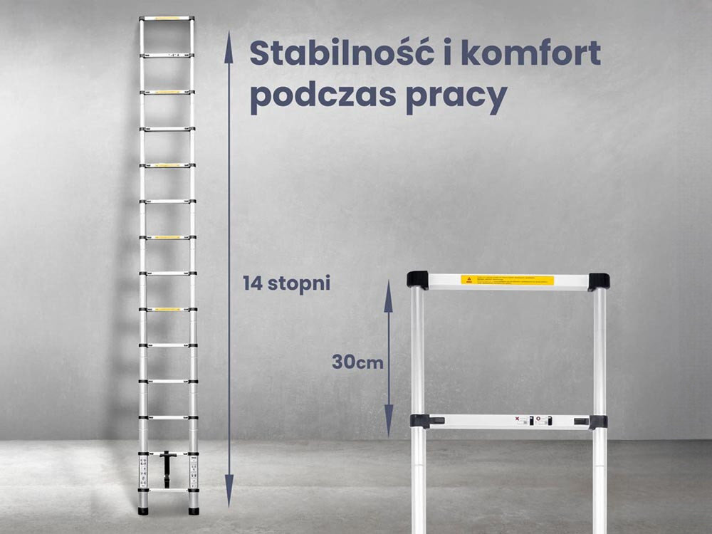 Drabina EXTRALINK LAD41ST (4.1 m), antypoślizg, haki, stabilna, mocowanie, Drabina teleskopowa 9-stopniowa, stabilna konstrukcja.