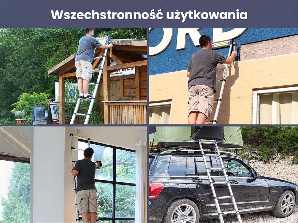 Drabina EXTRALINK LAD41ST (4.1 m), malowanie, remont, ogród, montaż, Drabina 2.6m przy balkonie, mężczyzna maluje.