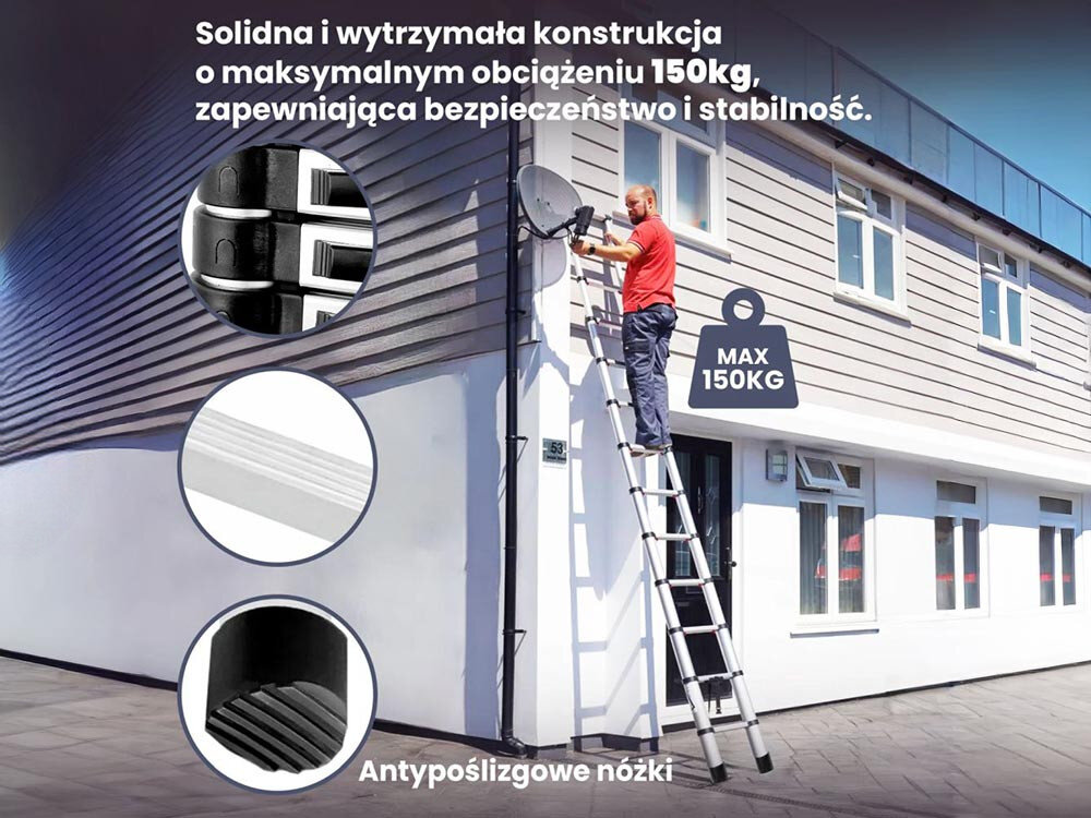 Drabina EXTRALINK LAD44ST (4.4 m), 4.4m, 9 szczebli, 150kg, wysokość, Drabina 9 stopni z szerokimi stopniami 30cm.