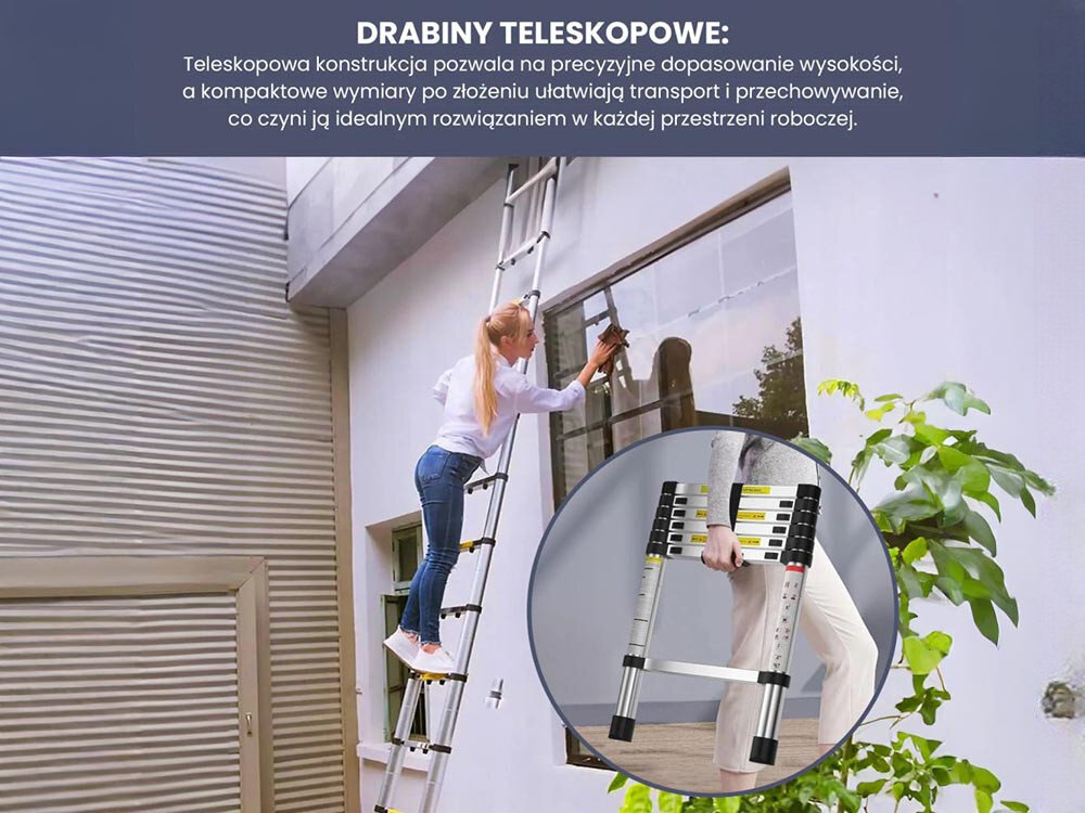 Drabina EXTRALINK LAD44ST (4.4 m), teleskop, blokady, złożona, lekka, Wszechstronne użycie drabiny: dach, auto, okno.