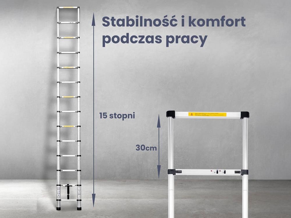 Drabina EXTRALINK LAD44ST (4.4 m), antypoślizg, haki, stabilna, mocowanie, Drabina teleskopowa 9-stopniowa, stabilna konstrukcja.