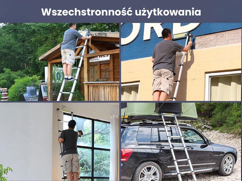 Drabina EXTRALINK LAD44ST (4.4 m), malowanie, remont, ogród, montaż, Drabina 2.6m przy balkonie, mężczyzna maluje.