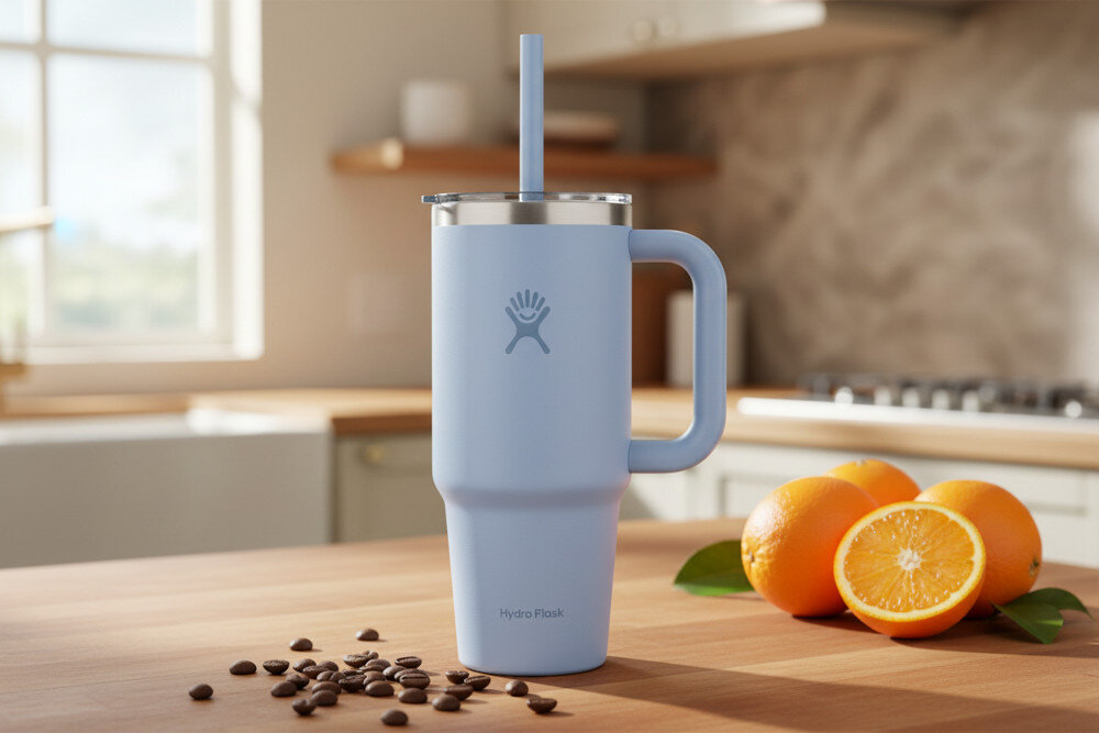 Kubek termiczny HYDRO FLASK All Around Travel Tumbler Jasnoniebieski 946 ml wygląd design tło prezentacja wizualizacja Wygoda nawodnienia