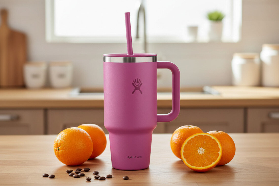 Kubek termiczny HYDRO FLASK All Around Travel Tumbler Różowy 946 ml wygląd design tło prezentacja wizualizacja Wygoda nawodnienia