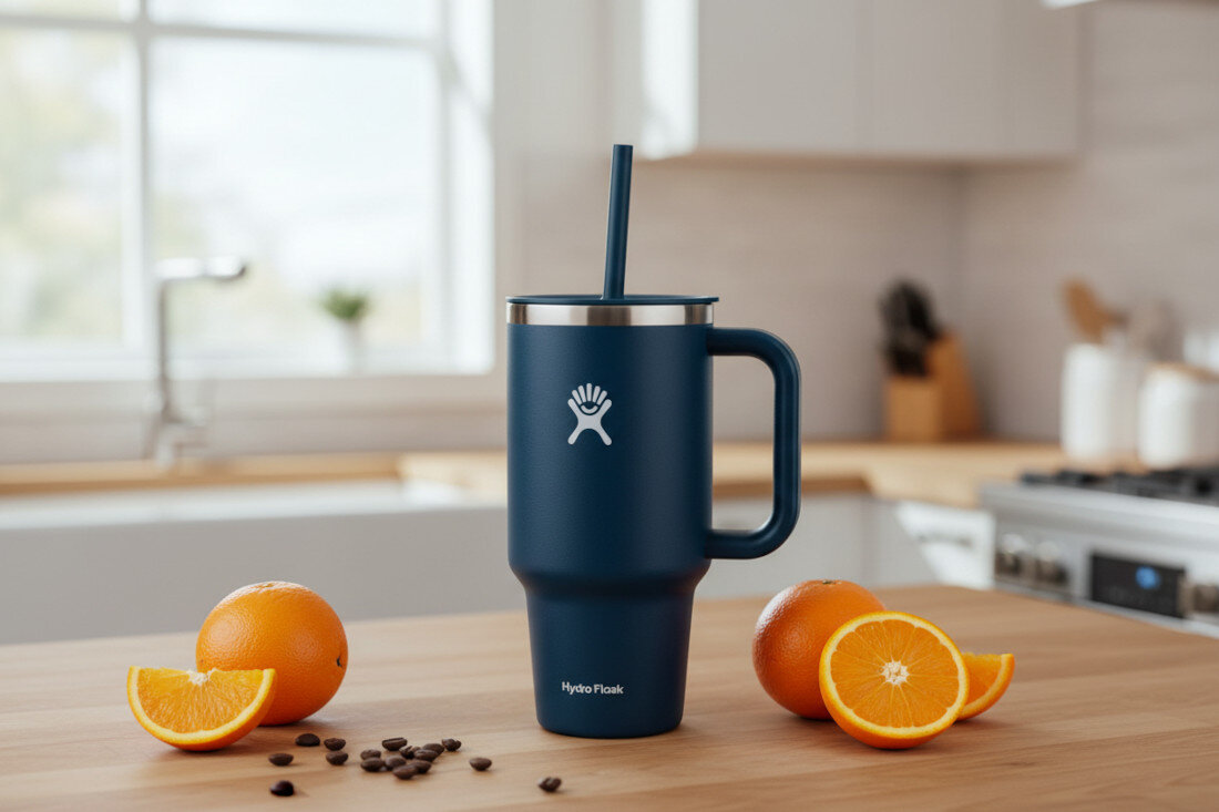 Kubek termiczny HYDRO FLASK All Around Travel Tumbler Niebieski 946 ml wygląd design tło prezentacja wizualizacja Wygoda nawodnienia