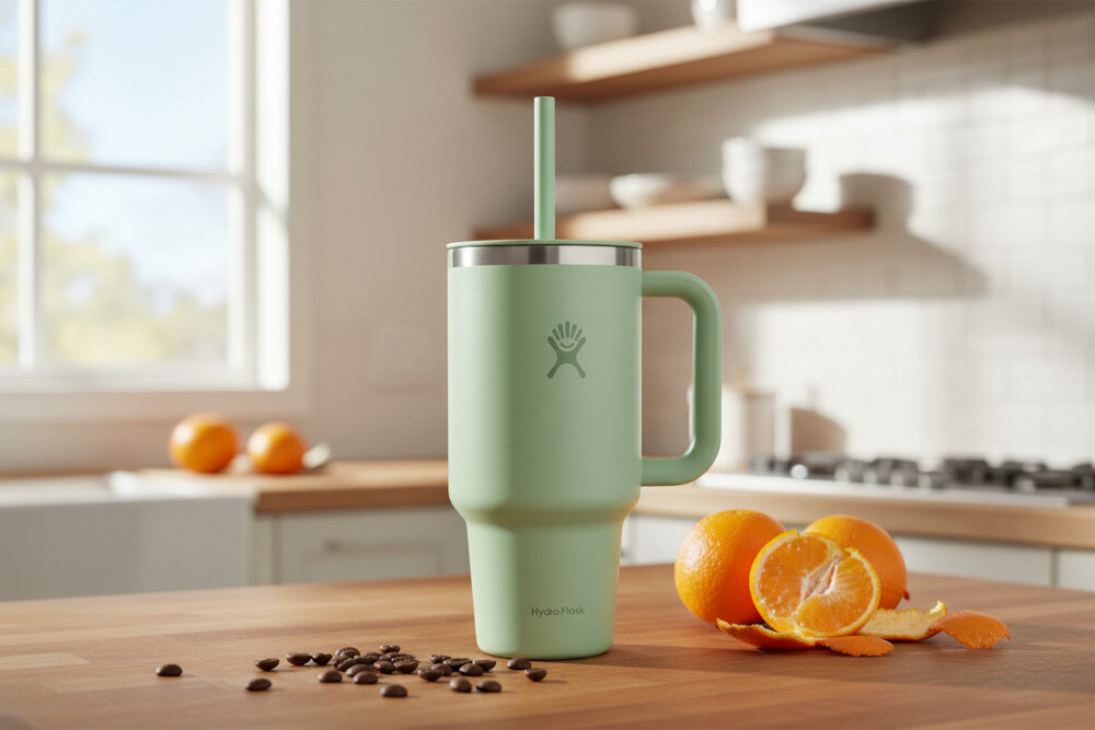 Kubek termiczny HYDRO FLASK All Around Travel Tumbler Jasnozielony 946 ml wygląd design tło prezentacja wizualizacja Wygoda nawodnienia