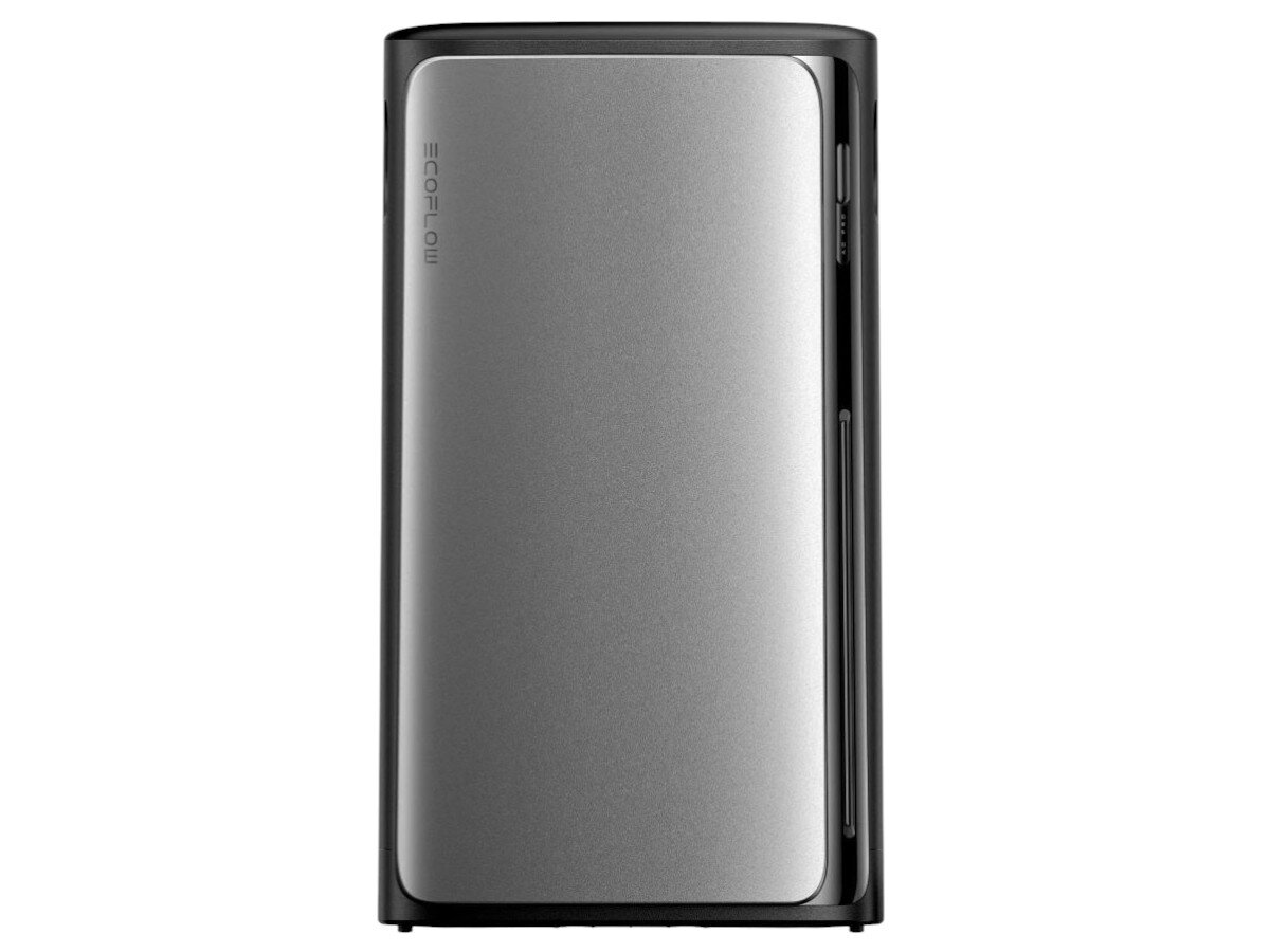 Magazyn energii ECOFLOW Stream AC Pro 800W, energia, dom, przerwy, pojemność, Frontalny widok na magazyn energii, gładka czarno-srebrna obudowa z zaokrąglonymi krawędziami.