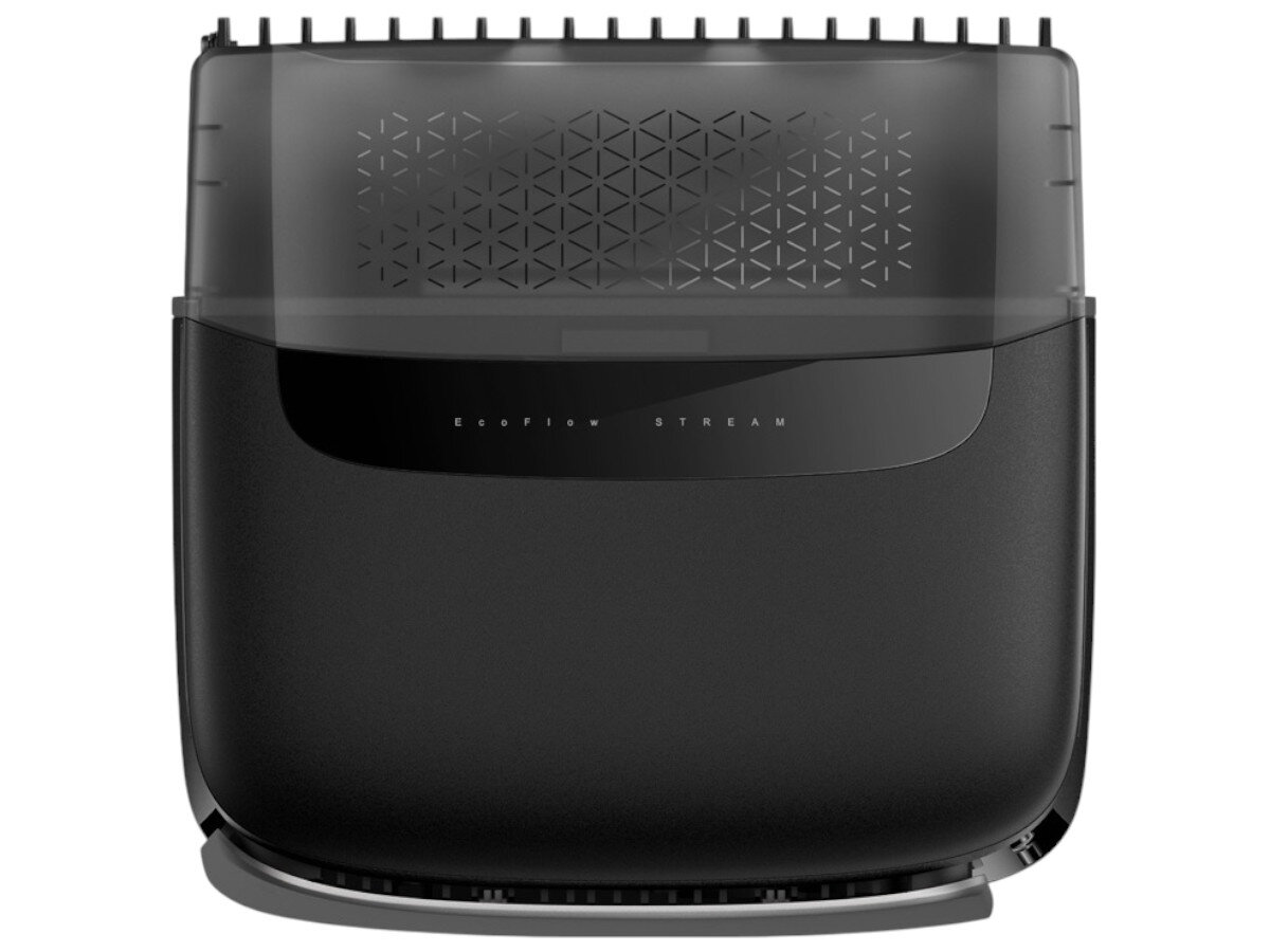 Magazyn energii ECOFLOW Stream AC Pro 800W, odporność, szczelność, balkon, cisza, Górny panel magazynu EcoFlow STREAM AC Pro, logo i maskownica wentylacyjna, widoczne detale.