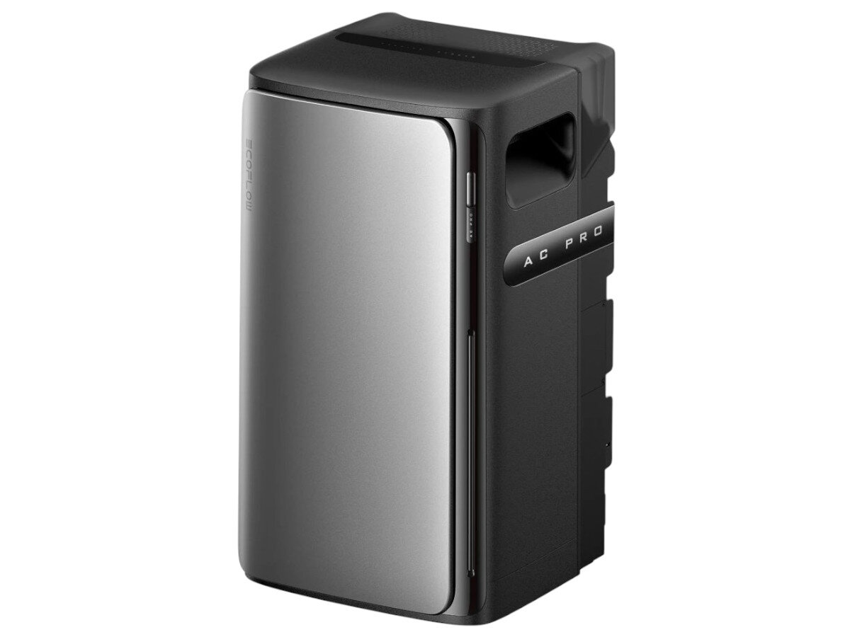 Magazyn energii ECOFLOW Stream AC Pro 800W, montaż, uchwyty, przewody, instalacja, Kolejny boczny widok na magazyn energii, wyeksponowany uchwyt i szczegóły tekstury obudowy.