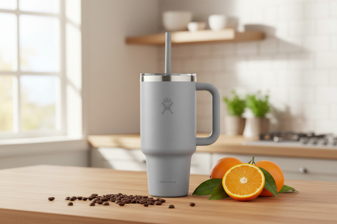 Kubek termiczny HYDRO FLASK All Around Travel Tumbler Szary 710 ml wygląd design tło prezentacja wizualizacja Wygoda nawodnienia