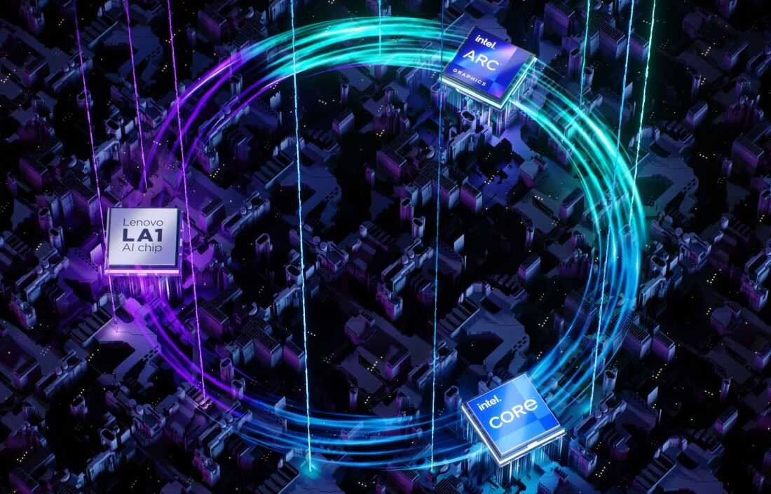 Okrąg z różnymi komponentami elektronicznymi umieszczonymi wewnątrz. - Lenovo AI Engine+ 