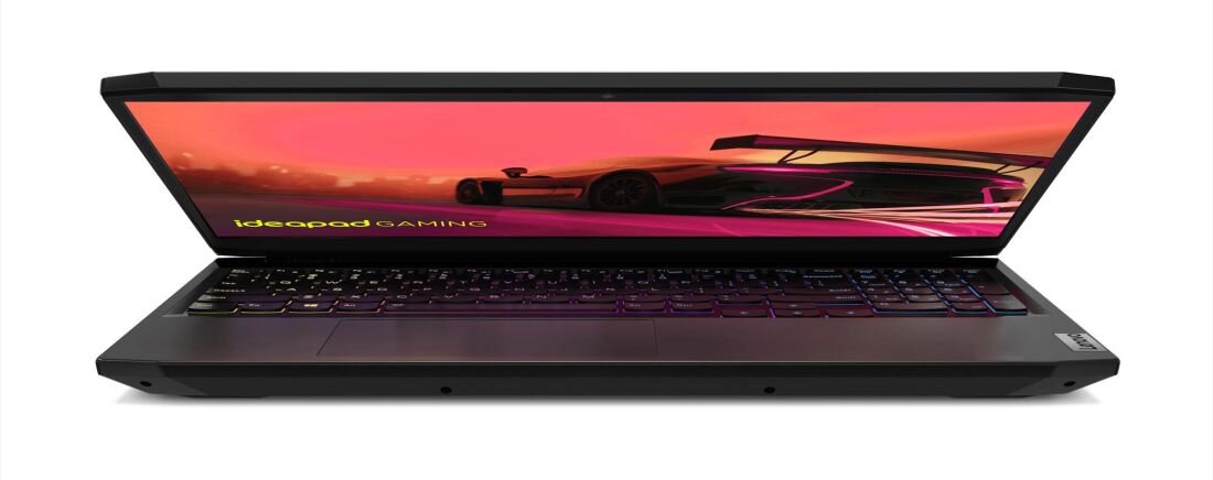 Laptop LENOVO IdeaPad Gaming 3 z grafiką przedstawiającą samochód wyścigowy na ekranie.   - 45 Wh Rapid Charge 