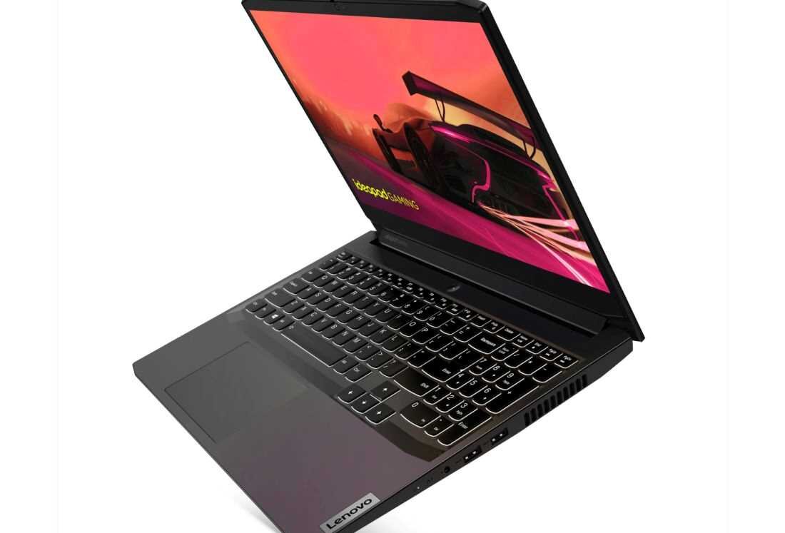 Otwarty laptop LENOVO IdeaPad Gaming 3 pokazany z prawego profilu. - Wi-Fi 5 2x2 Bluetooth 5.0 