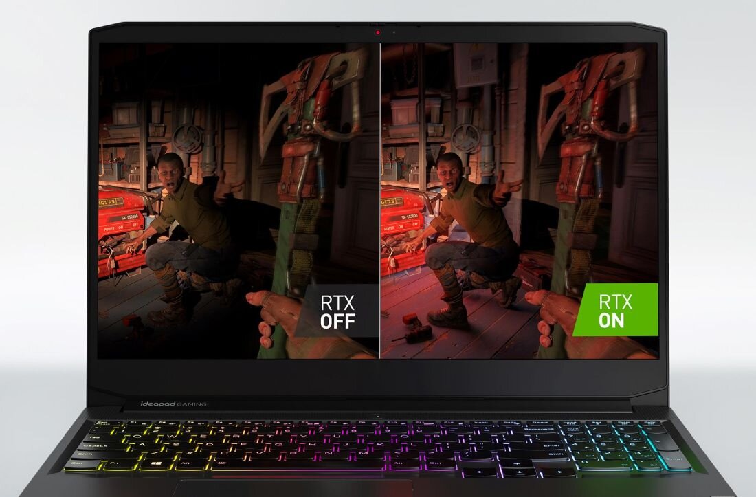 Laptop LENOVO IdeaPad Gaming 3 z wyświetlonym porónaniem RTX na ekranie. - NVIDIA GeForce RTX
