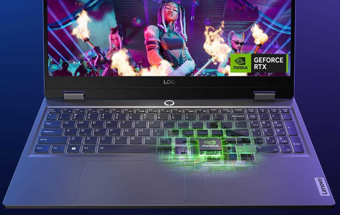 Laptop LENOVO LOQ 15IAX9 z otwartym ekranem i chipem NVIDIA na klawoiaturze. - NVIDIA GeForce RTX, NVIDIA Ada Lovelace