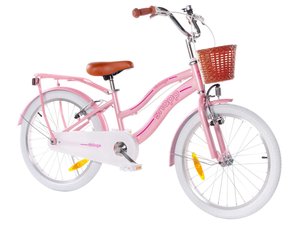 Rower dziecięcy HUFFY Retro Vintage 20 cali dla dziewczynki Perłowo-różowy rower na białym tle widoczny od przod pod skosem dla dzieci w wieku od 7 do 9 lat trwałość wytrzymałość mocna konstrukcja