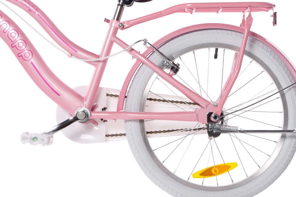 Rower dziecięcy HUFFY Retro Vintage 20 cali dla dziewczynki Perłowo-różowy zbliżenie na koło i obręcz 20-calowe koła białe szerokie opony dobra przyczepność podczas jazdy aluminiowe obręcze stabilne trzymanie opon bezpieczna jazda regularne sprawdzanie ciśnienia powietrza wartość na bocznej części opony