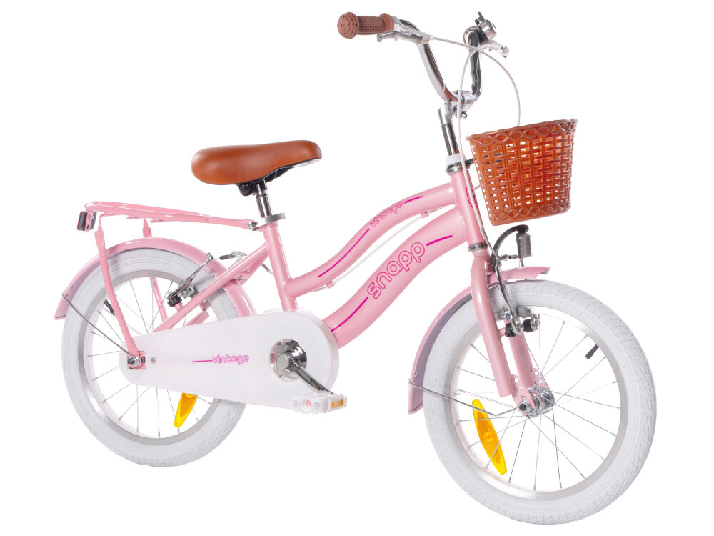 Rower dziecięcy HUFFY Retro Vintage 16 cali dla dziewczynki Perłowo-różowy rower na białym tle widoczny od przod pod skosem dla dzieci w wieku od 5 do 7 lat trwałość wytrzymałość mocna konstrukcja
