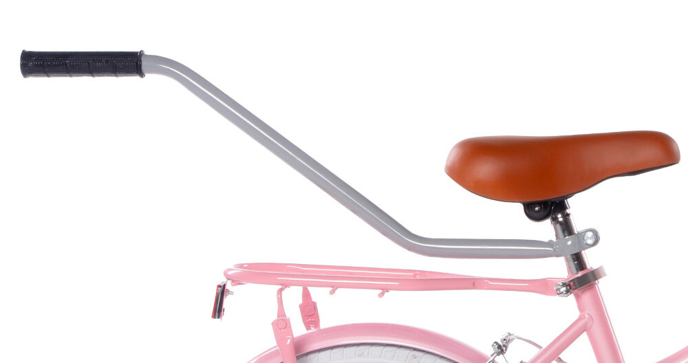 Rower dziecięcy HUFFY Retro Vintage 16 cali dla dziewczynki Perłowo-różowy zbliżenie na prowadnik pałąk prowadzący dla rodzica pomoże w szlifowaniu umiejętności jazdy na jednośladzie pełna kontrola nad pojazdem