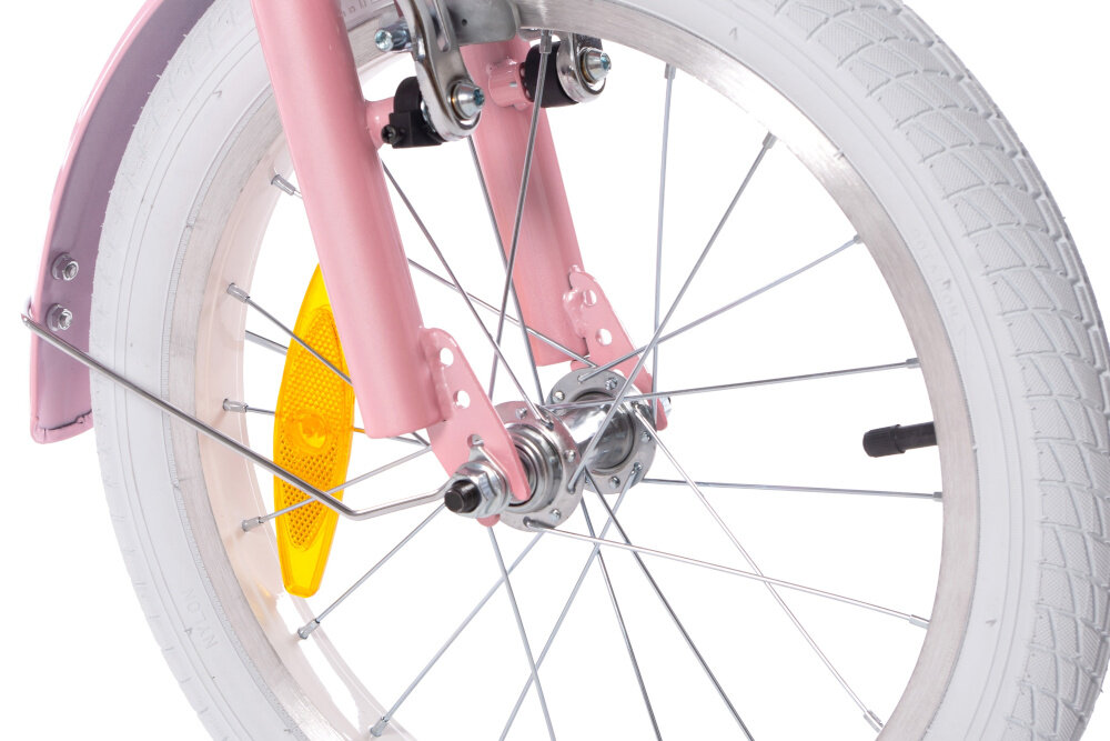 Rower dziecięcy HUFFY Retro Vintage 16 cali dla dziewczynki Perłowo-różowy zbliżenie na koło i obręcz 16-calowe koła białe szerokie opony dobra przyczepność podczas jazdy aluminiowe obręcze stabilne trzymanie opon bezpieczna jazda regularne sprawdzanie ciśnienia powietrza wartość na bocznej części opony