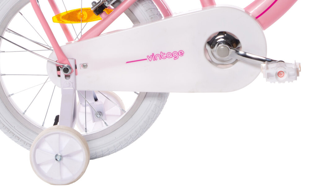 Rower dziecięcy HUFFY Retro Vintage 16 cali dla dziewczynki Perłowo-różowy zbliżenie na kółka boczne i osłonę łańcucha boczne kółka asekurują dziecko w początkowej fazie nauki można łatwo usunąć stylowa osłona łańcucha zabezpiecza łańcuch przed brudem