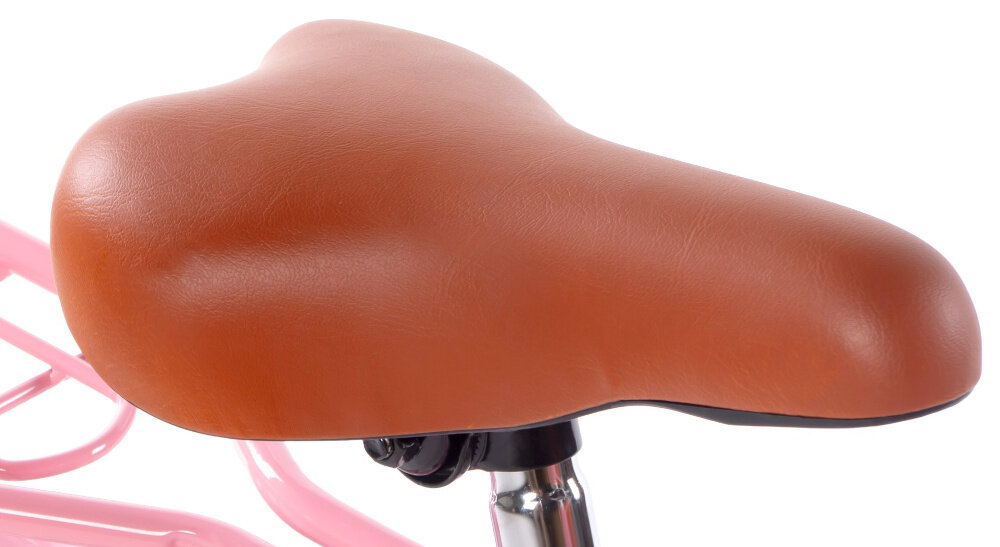 Rower dziecięcy HUFFY Retro Vintage 16 cali dla dziewczynki Perłowo-różowy zbliżenie na siodełko bezpieczna i satysfakcjonująca aktywność wygodne siodełko płynna regulacja za pomocą dźwigni optymalne dopasowanie wysokości siodełka do wzrostu dziecka