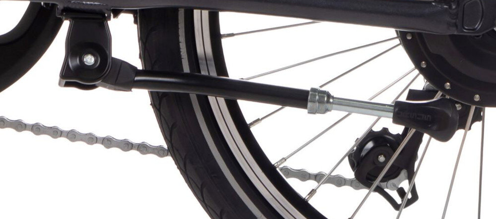Rower elektryczny HUFFY City-E U20 20 cali Grafitowy zbliżenie na stopkę bagażnik bezpieczne i wygodne przewożenie rzeczy składana stopka w centralnym punkcie ciężkości