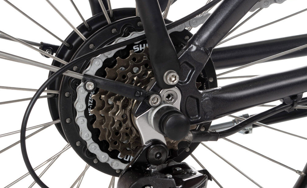 Rower elektryczny HUFFY City-E U20 20 cali Grafitowy zbliżenie na silnik wytrzymały bezszczotkowy silnik renomowanej marki OLI E-bike System moc 250 W cicha i wydajna praca umiejscowiony w tylnej piaście niezauważalny