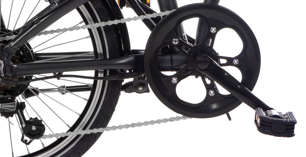 Rower elektryczny HUFFY City-E U20 20 cali Grafitowy zbliżenie na korbę i kasetę stalowa i wydajna konstrukcja korby marki WHEELTOP typu 52T wielorzędowy wolnobieg marki SHIMANO rower solidny wytrzyma obciążenie nawet w trudnych warunkach wytrzyma bardzo duży nacisk na pedały