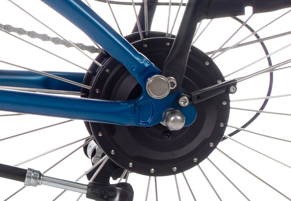 Rower elektryczny HUFFY City-E U20 20 cali Niebieski zbliżenie na silnik wytrzymały bezszczotkowy silnik renomowanej marki OLI E-bike System moc 250 W cicha i wydajna praca umiejscowiony w tylnej piaście niezauważalny