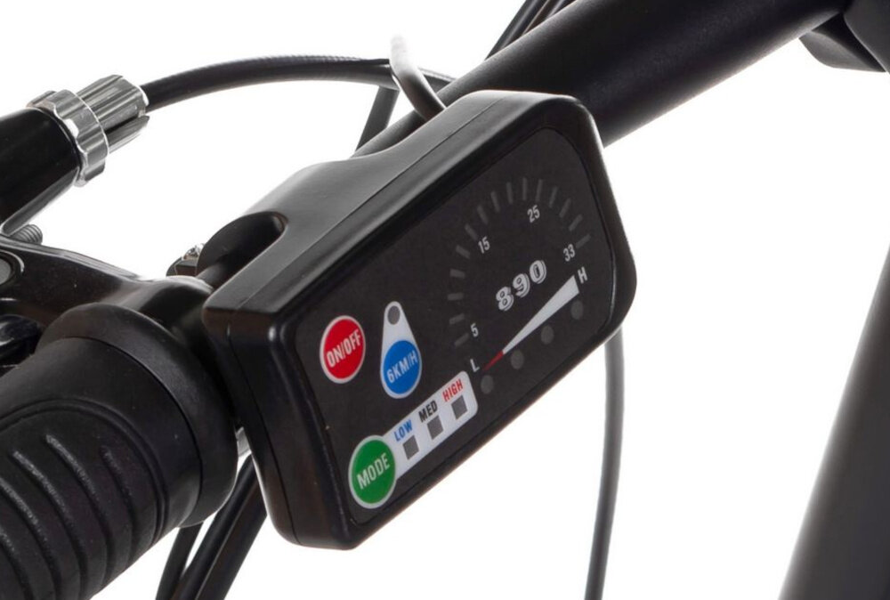 Rower elektryczny HUFFY City-E U20 20 cali Niebieski białe tło zbliżenie na wyświetlacz aluminiowa kierownica antypoślizgowy materiał pewny chwyt komputer pokładowy monitorowanie kluczowych parametrów